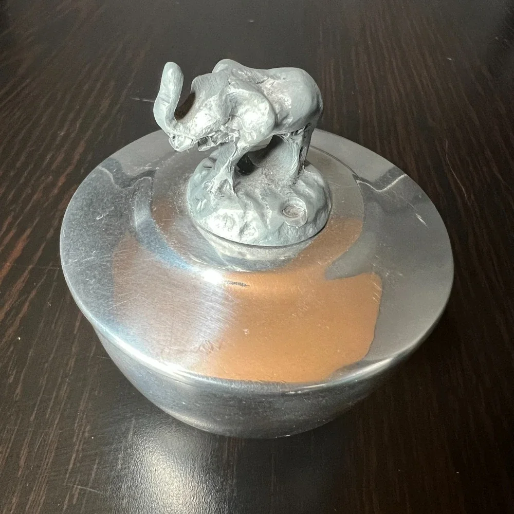 Vintage Aluminum Elephant‎ Lid Trinket Dish Lidded Bowl Mid Century Safari Decor